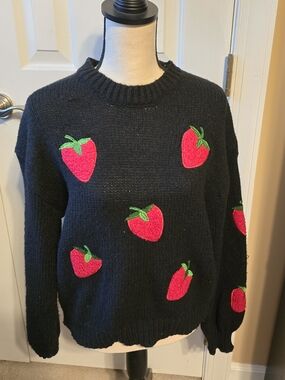 SHEIN Black V-Neck Sweater with Red Strawberry Appliqués